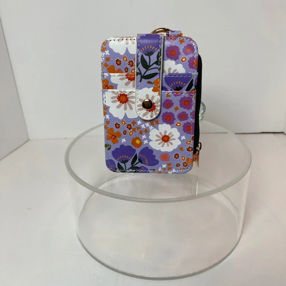 Purple Floral Card‎ Holder Wallet with ID Window Keyring and Zipper Pocket